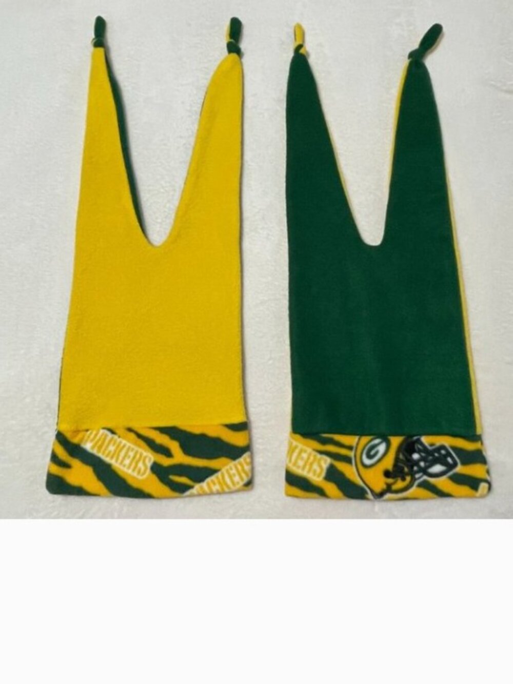 Green Bay Packer Hand Made Fleece Green Yellow Gold Stocking Hats Set of 2
